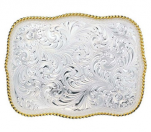 Large Scalloped Silver Engraved Western Belt Buckle