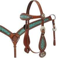 Headstall and Breast Collar-Teal Filigree Inlay